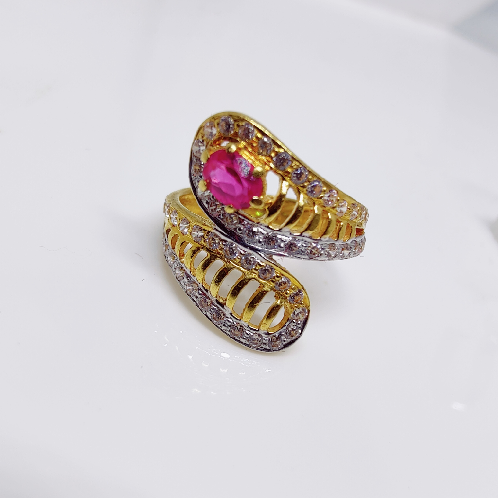 22k gold Asymmetry red color stone long ladies ring