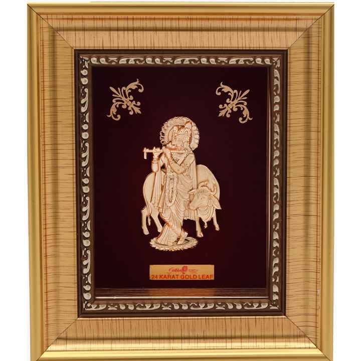24k gold leaf Krishna with cow frame