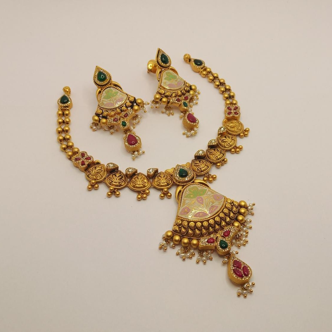 22K Gold Antique Meenakari Necklace Set
