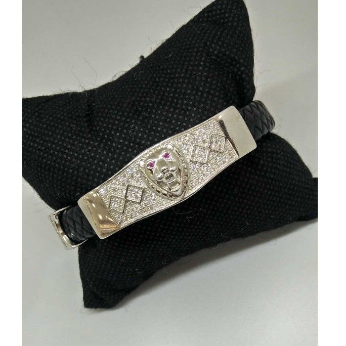 925 Sterling Silver LION FACED LEATHER BRACELET