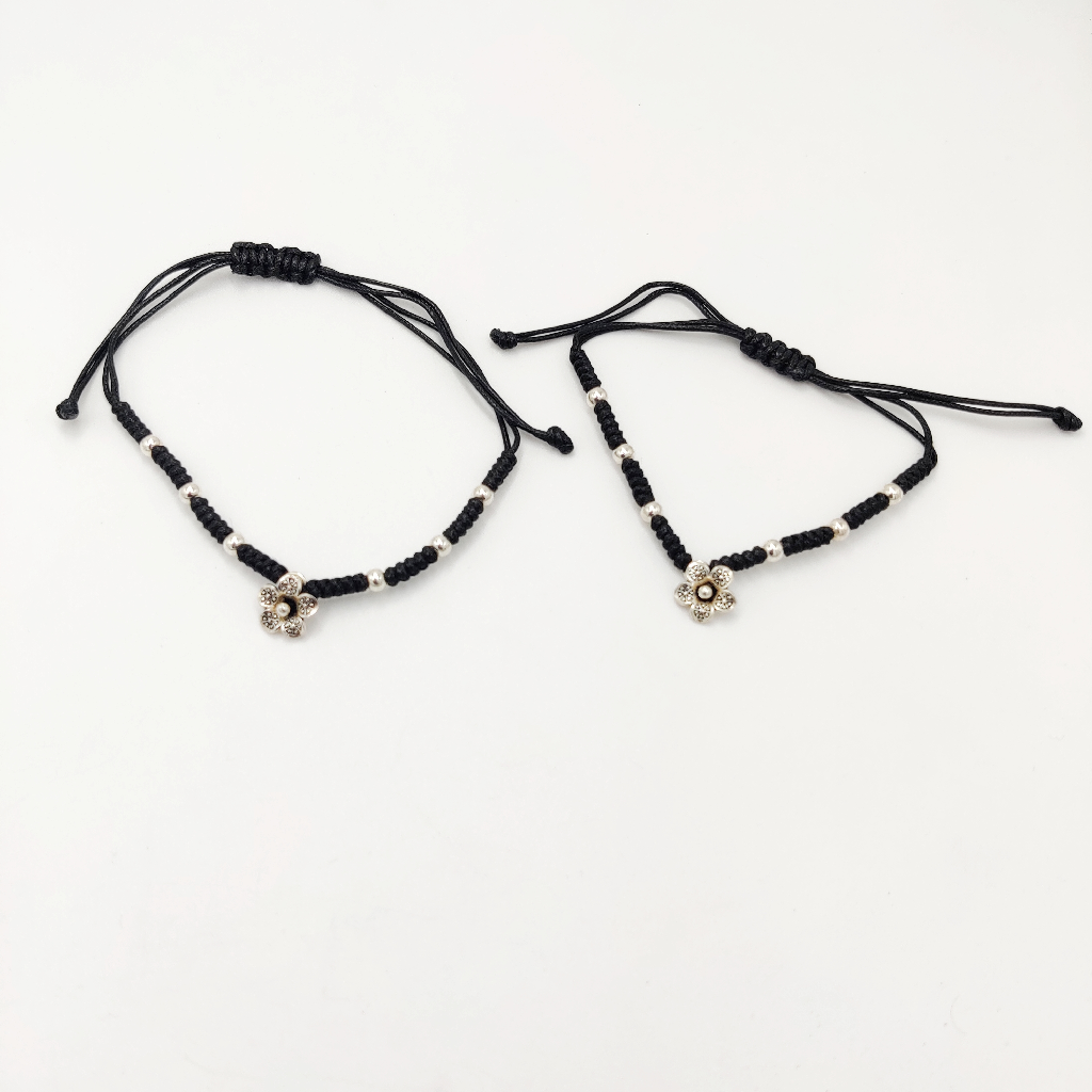 925 sterling silver flower design black thread anklets