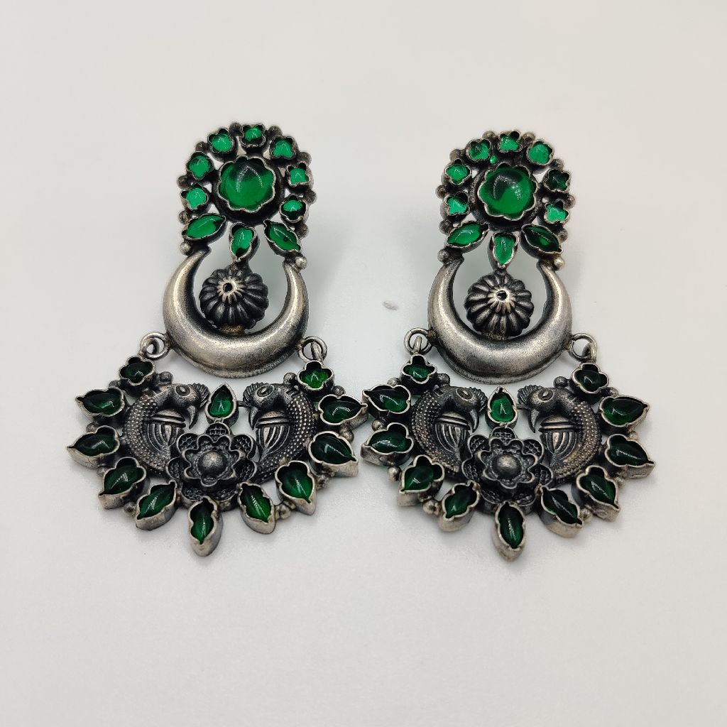 925 Silver Antique Green Stone Studded Earrings