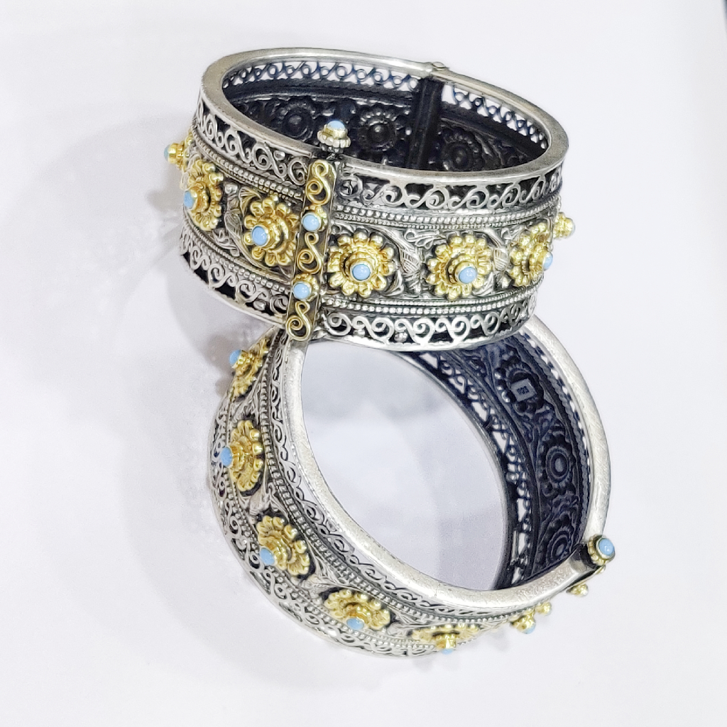 925 Silver Antique Oxidise And Gold Plated Kada With  Firoza S
