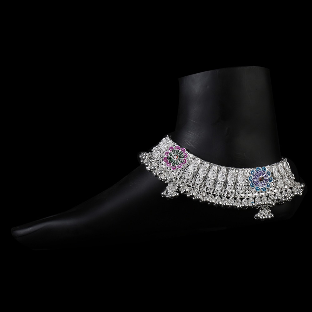 Colorful Flower Design Fancy Silver Payal