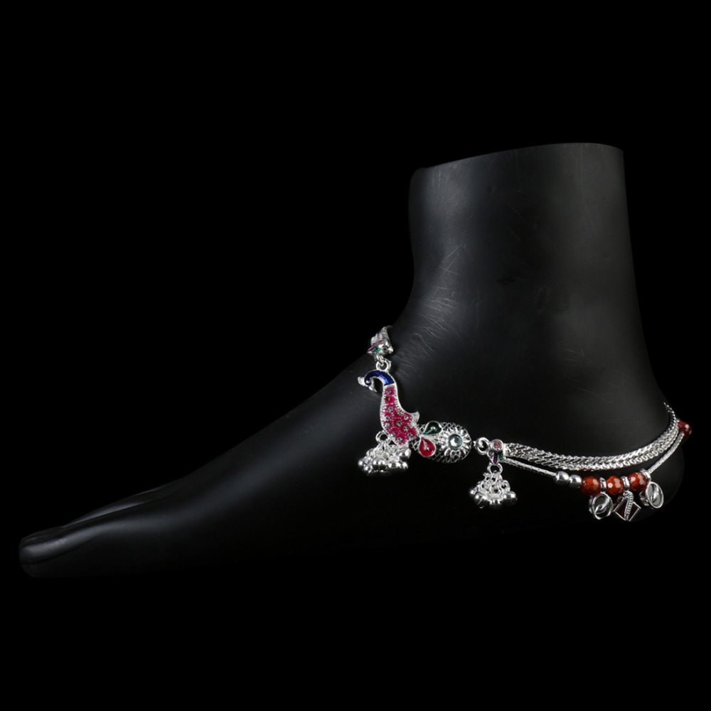 Silver Fancy Colorful Peacock Design Payal