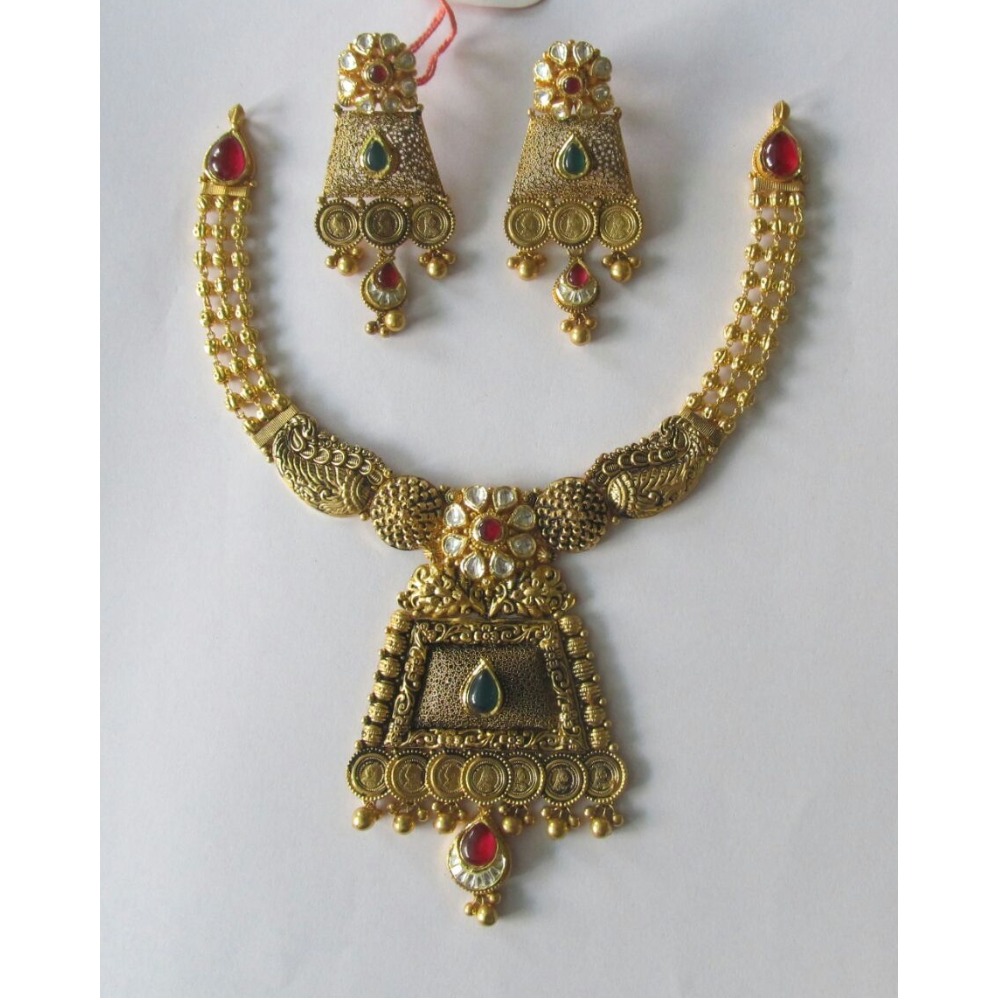 22KT Gold Antique Colored Stone Bridal Necklace Set