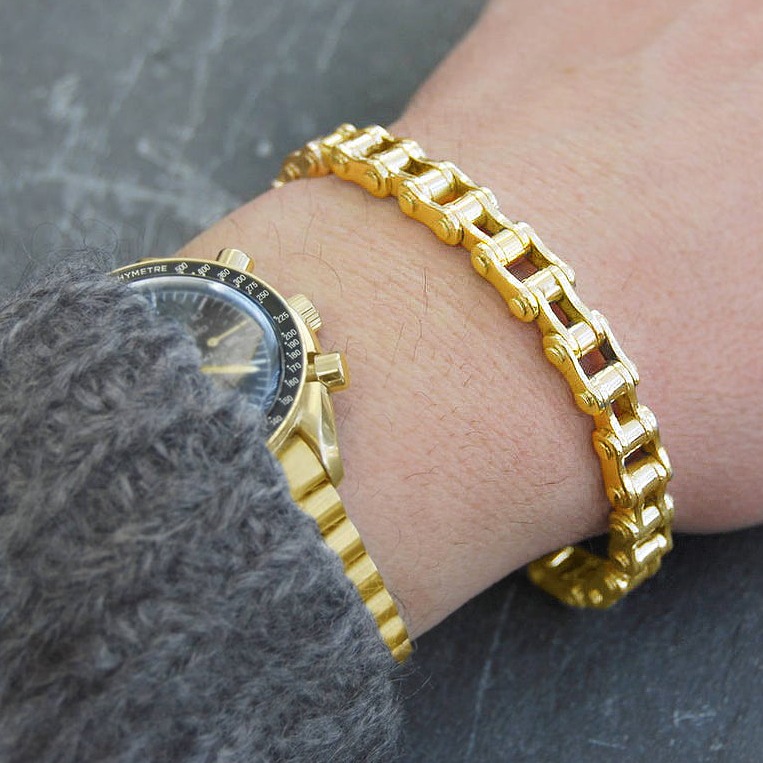 18 kt hallmark real solid yellow gold bike chain men's bracelet