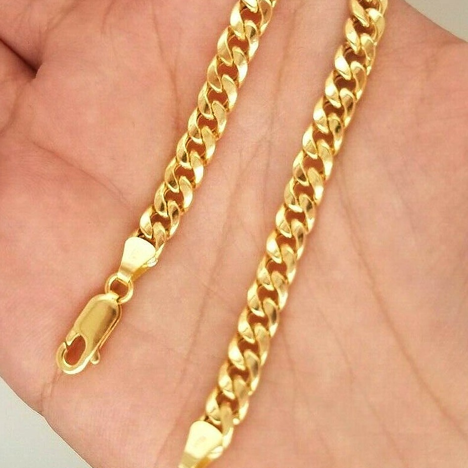 18 kt real solid yellow gold cuban link chain men's bracelet 5 mm