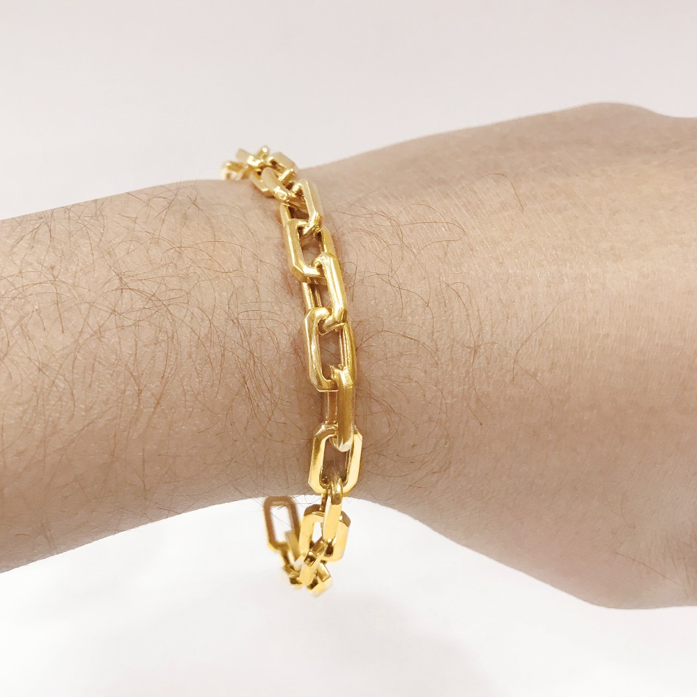18 kt real solid yellow gold box link chain men's bracelet 7.5 mm