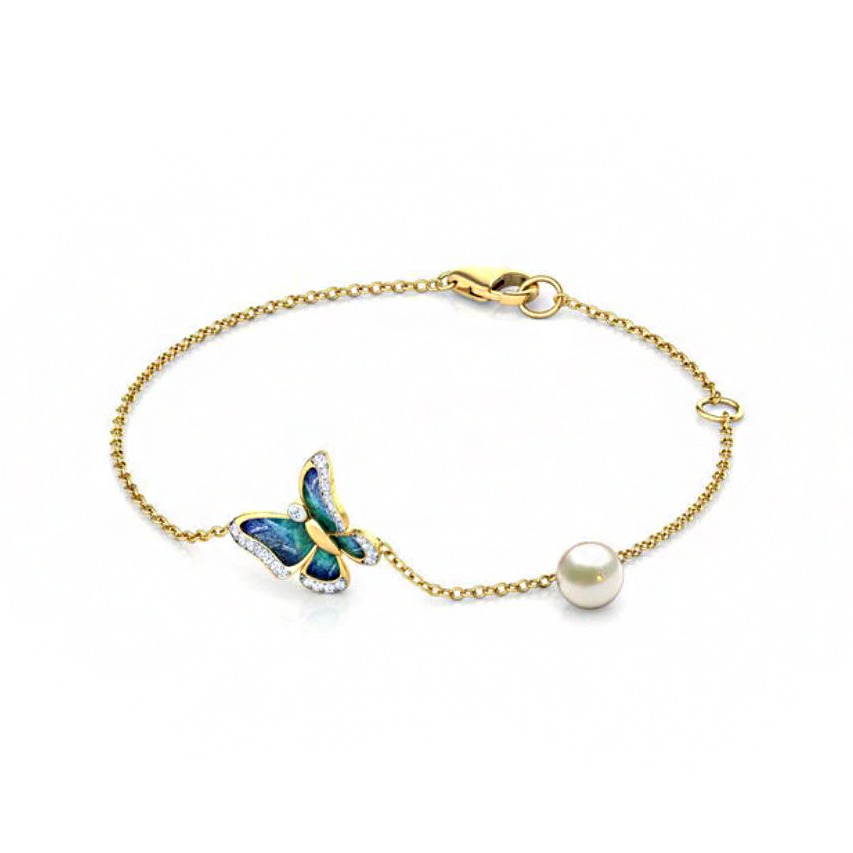 18 kt solid yellow gold chain link butterfly pearl bracelet bangle
