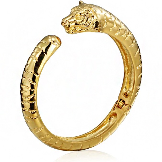 14 Kt Real Solid Yellow Gold Tiger Face Cuff Men's Bracelet 60 Gram