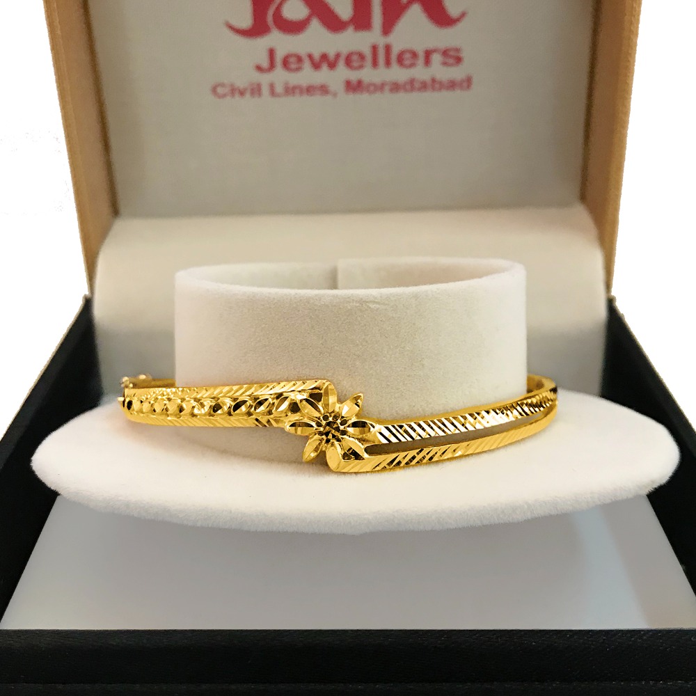 18K Yellow Gold Flower Wide Open Lock Women's Bangle Bracelet