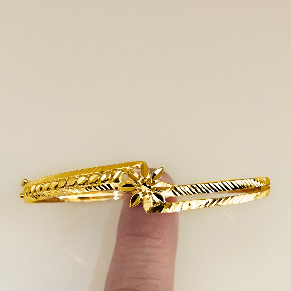 18K Yellow Gold Flower Wide Open Lock Women's Bangle Bracelet