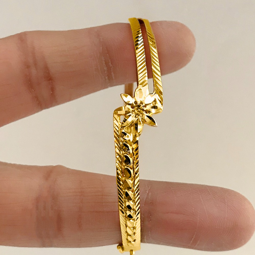 18K Yellow Gold Flower Wide Open Lock Women's Bangle Bracelet