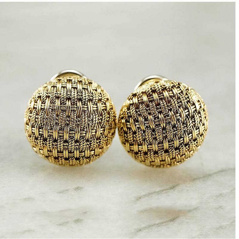18 Kt Hallmark Real Solid Yellow Gold Italian Woven Domed Stud Earrings Omega