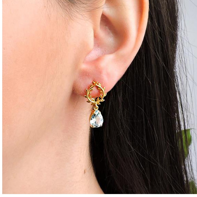 18 Kt Hallmark Real Solid Yellow Gold Olive Leaves Wreath CZ Drop Stud Earrings