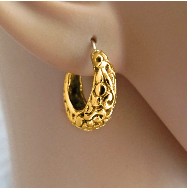 18 Kt Real Solid Yellow Gold Filigree Gypsy Casual Women'S Huggie Hoop Earrings