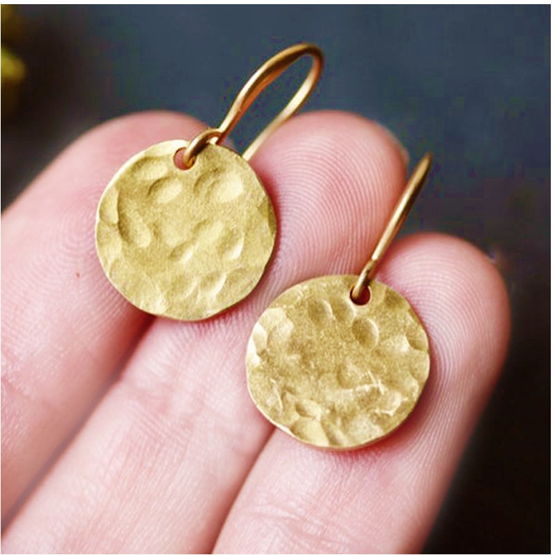 24 Kt Real Solid Yellow Gold Hammered Disc Gold Coin Dangle Drop Hook Earrings