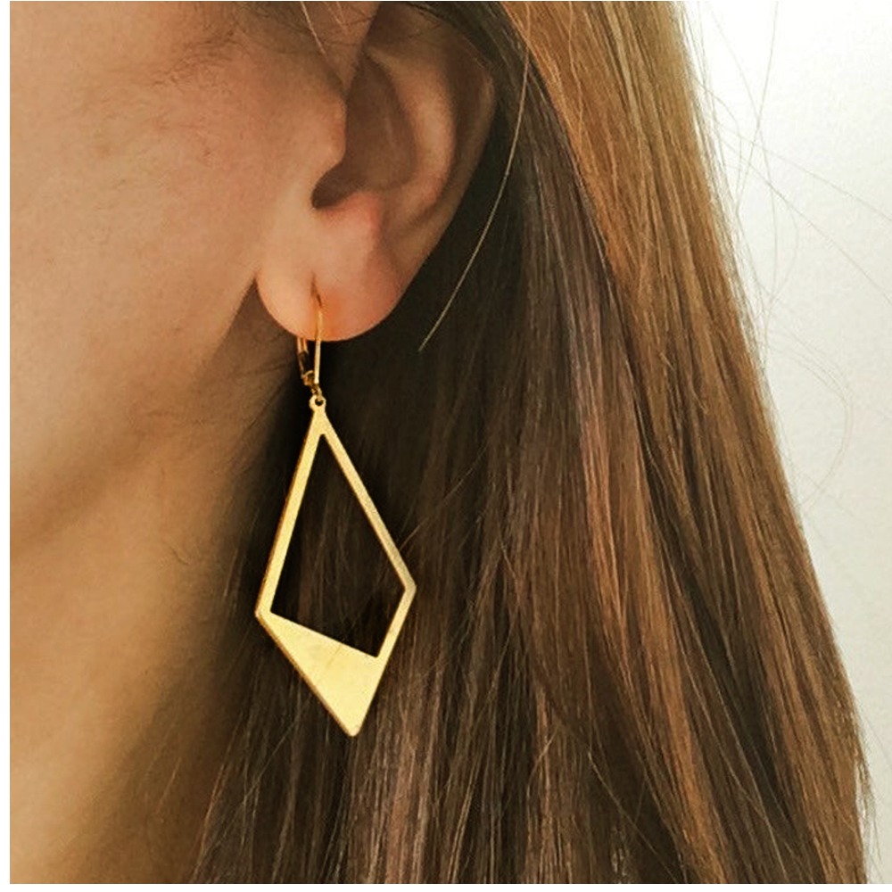 18 Kt Hallmark Real Solid Yellow Gold Big Geometric Dangle Drop Hoop Earrings