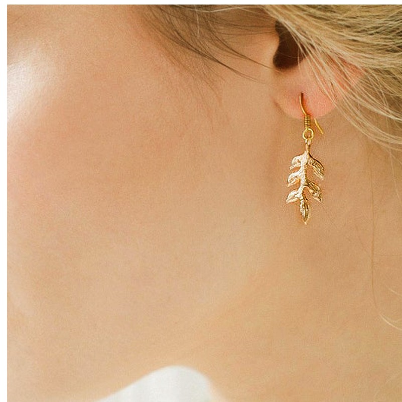 18 Kt Hallmark Real Solid Yellow Gold Botanical Leaf Dangle Drop Hoop Earrings