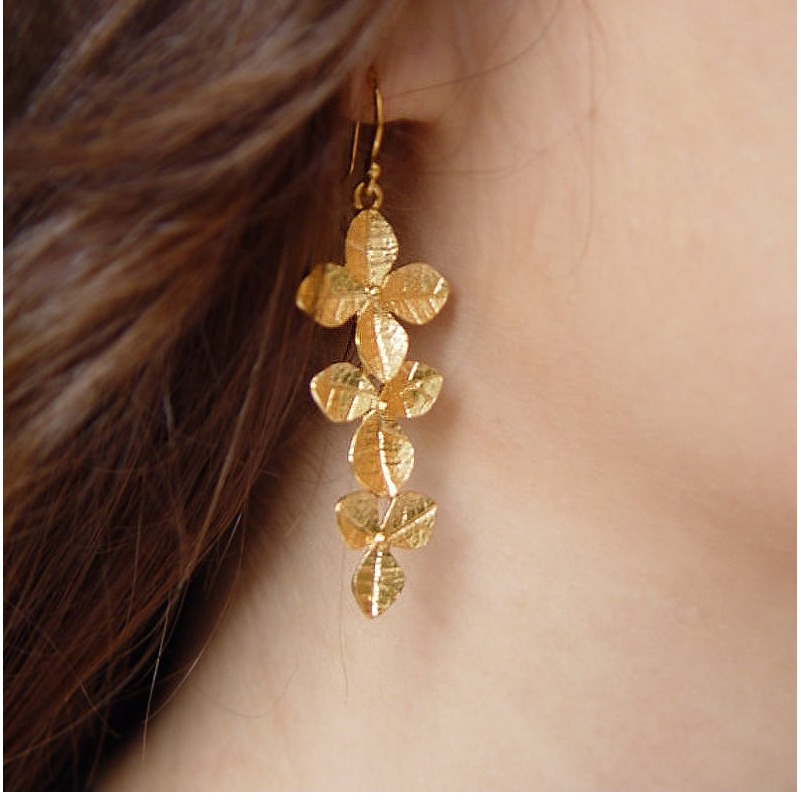 18 Kt Real Solid Yellow Gold Botanical Leaf Women'S Dangle Long Drop Earrings