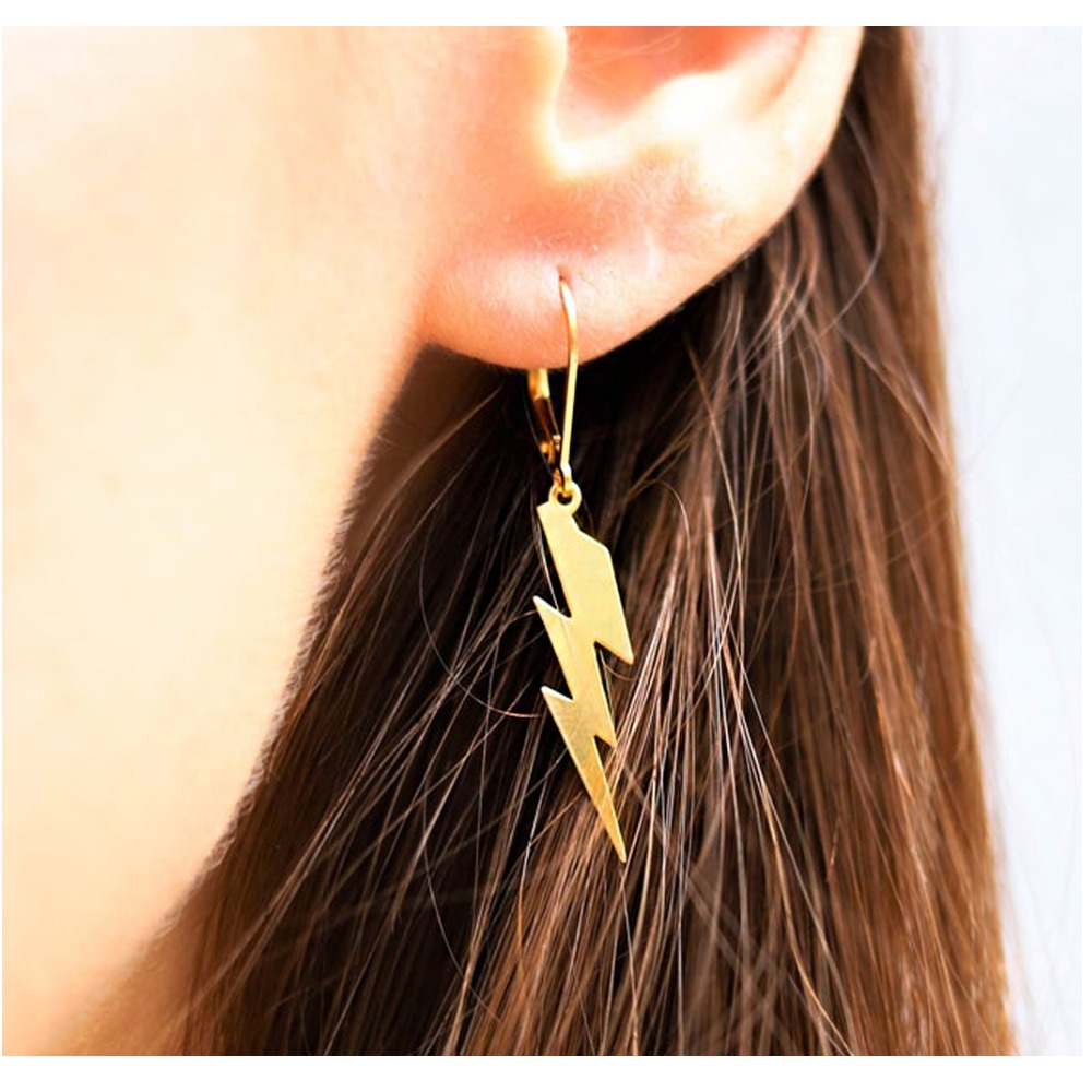 18 Kt Hallmark Real Solid Yellow Gold Lightning Bolt Unisex Dangle Drop Earrings