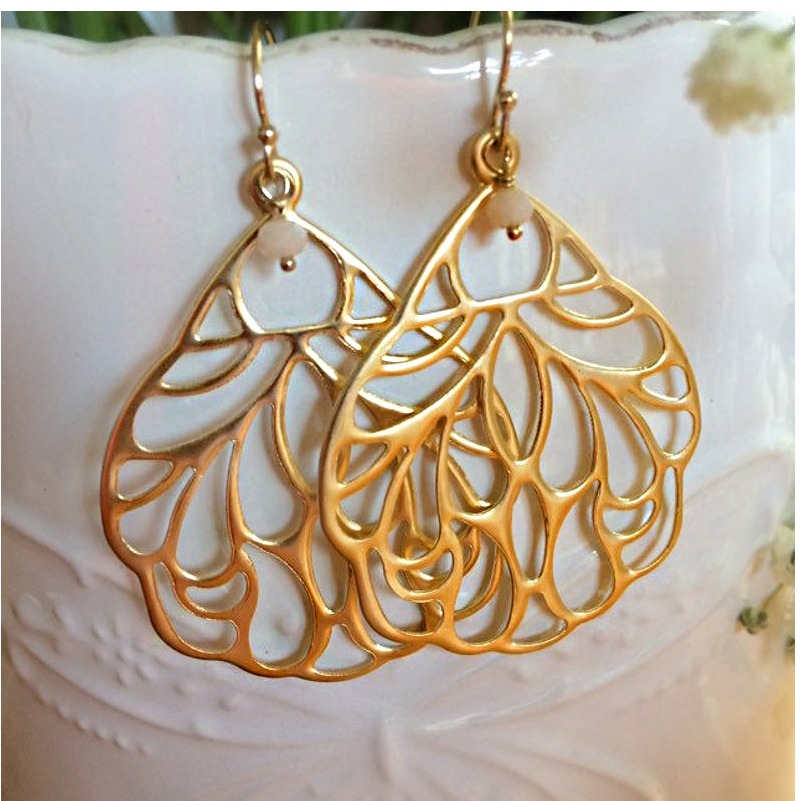 18 Kt Real Solid Yellow Gold Fairy Wing Fantasy Boho Opal Dangle Drop Earrings