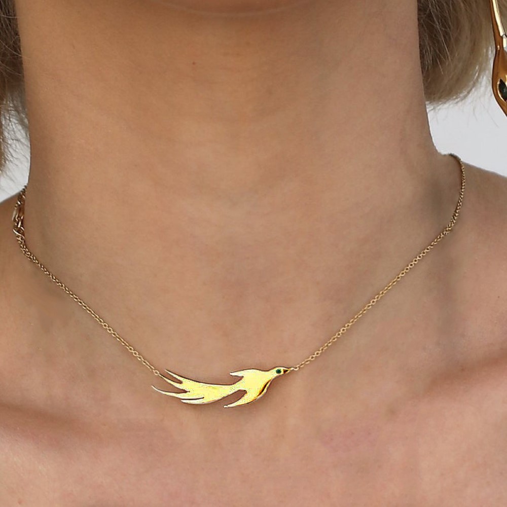 18 Kt Solid Yellow Gold Phoenix Necklace Flying Flame Bird Women'S Chain Pendant