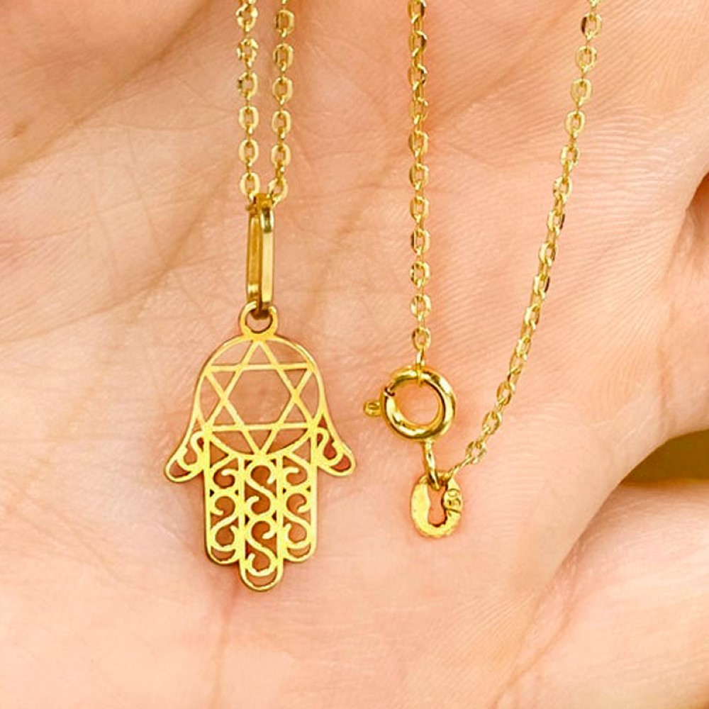 Fine Jewelry 18 Kt Real Solid Yellow Gold Hand Of Fatima Chain Necklace Pendant
