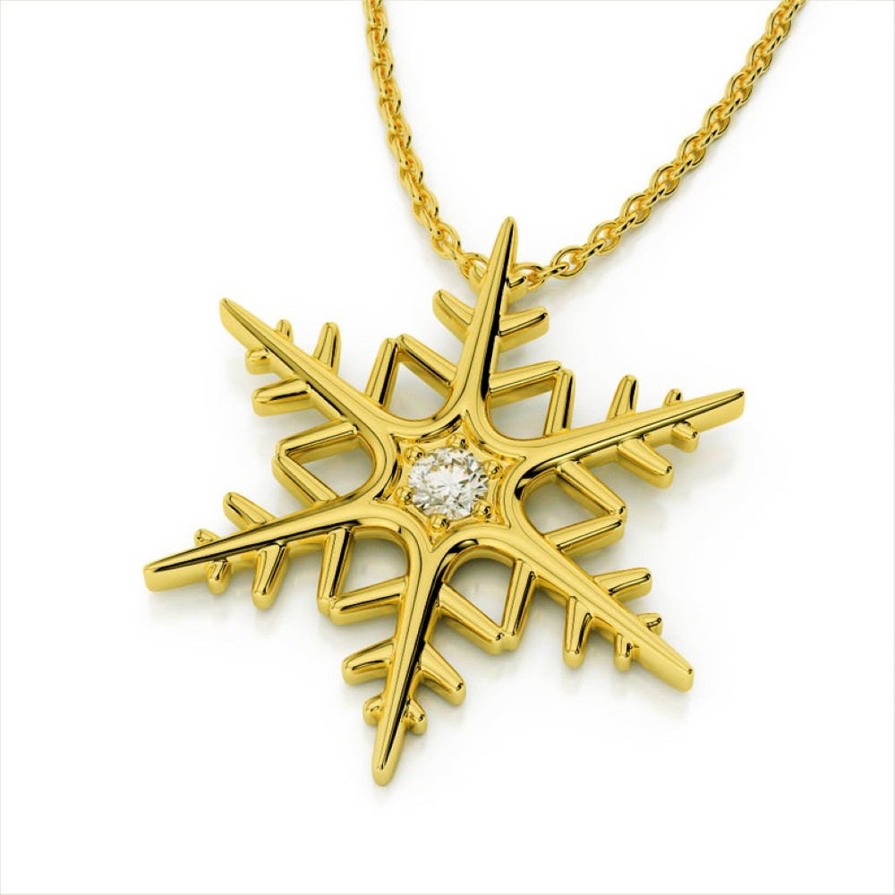 18 Kt Hallamrk Real Solid Yellow Gold Snowflake Zircon Chain Necklace Pendant