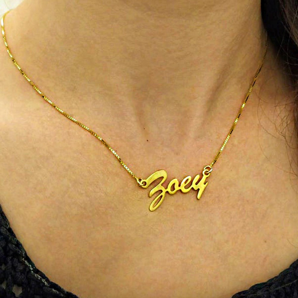 18 Kt Real Solid Yellow Gold Custom Name Zoey Nameplate Chain Necklace Pendant
