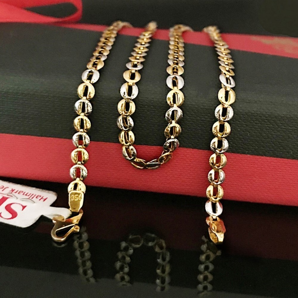 18 Kt Hallmark Real Solid Yellow Gold 2 Tone Curb Necklace Chain 7.860 Grams