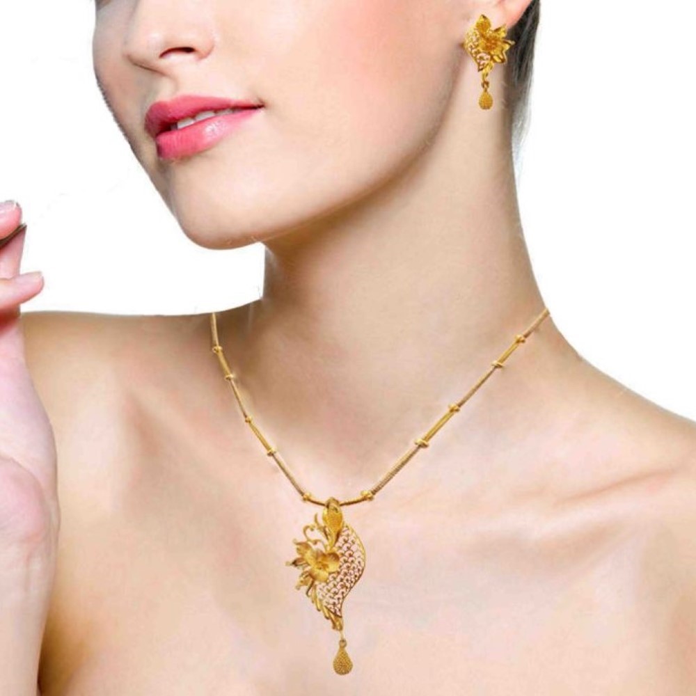 22 Kt Solid Yellow Gold Wedding Fine Jewelry Women Necklace Set Pendant Earrings