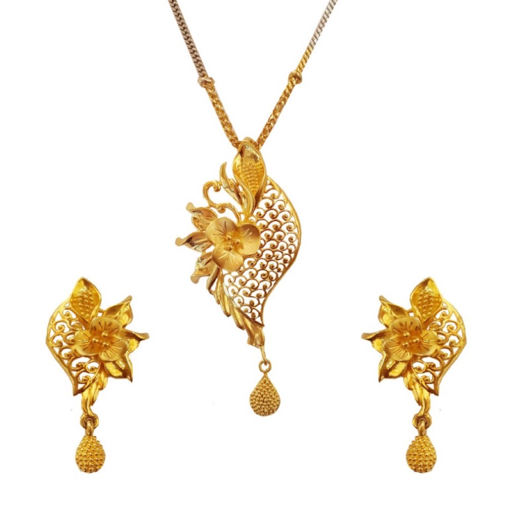 22 Kt Solid Yellow Gold Wedding Fine Jewelry Women Necklace Set Pendant Earrings