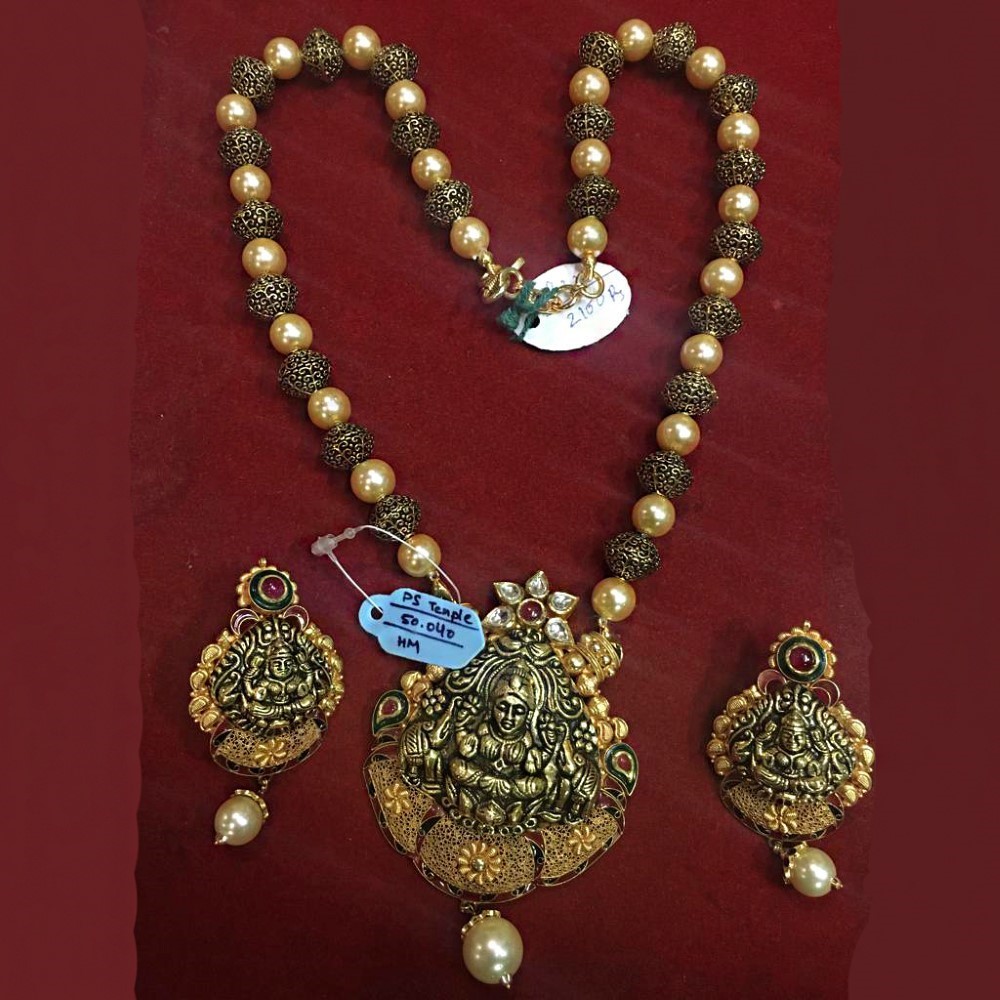 18 K Solid Yellow Gold Antique Necklace Earrings Temple Jewelry Set 50.040 Grams