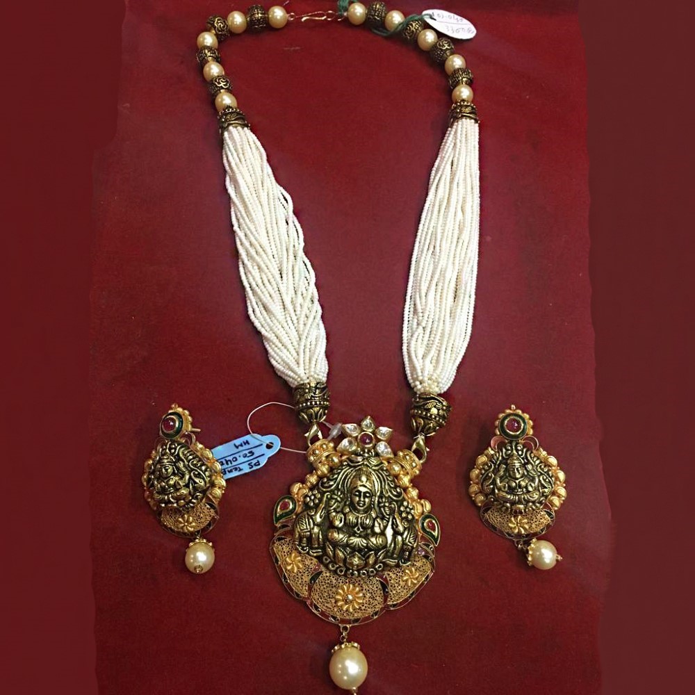 18 K Solid Yellow Gold Antique Necklace Earrings Temple Jewelry Set 50.040 Grams