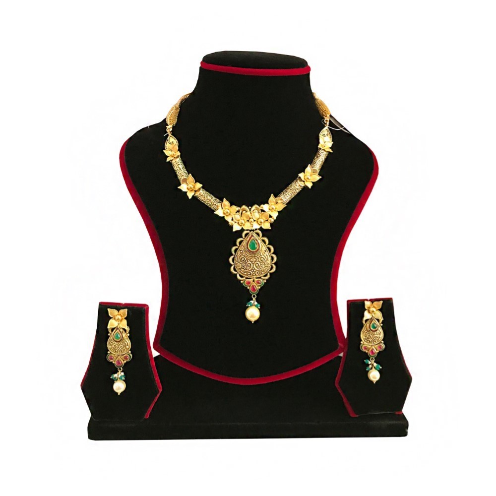 18K Solid Yellow Gold Antique Necklace Earrings Vintage Jewelry Set 37.370 Grams