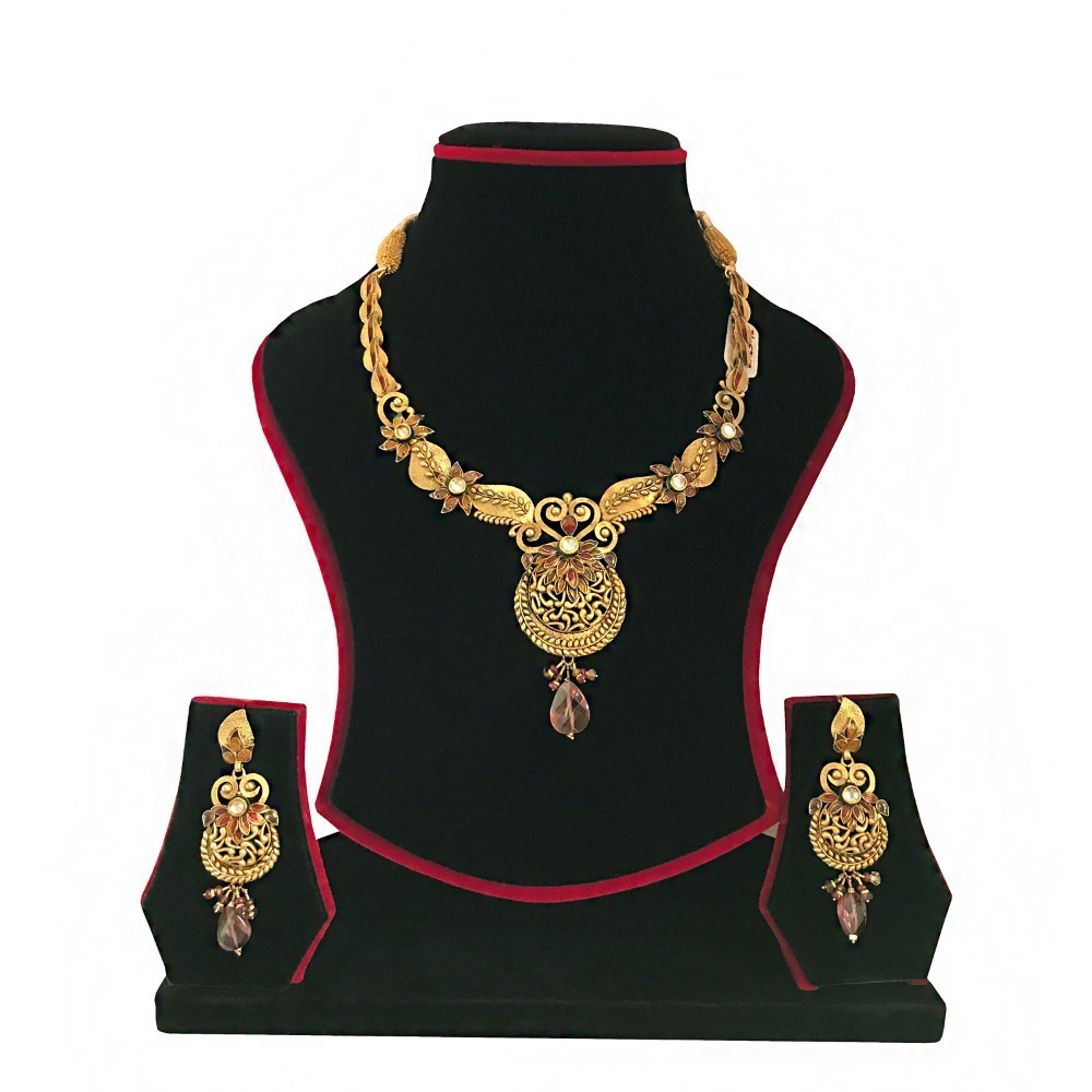 18Kt Solid Yellow Gold Antique Necklace Earrings Women Jewelry Set 49.600 Grams