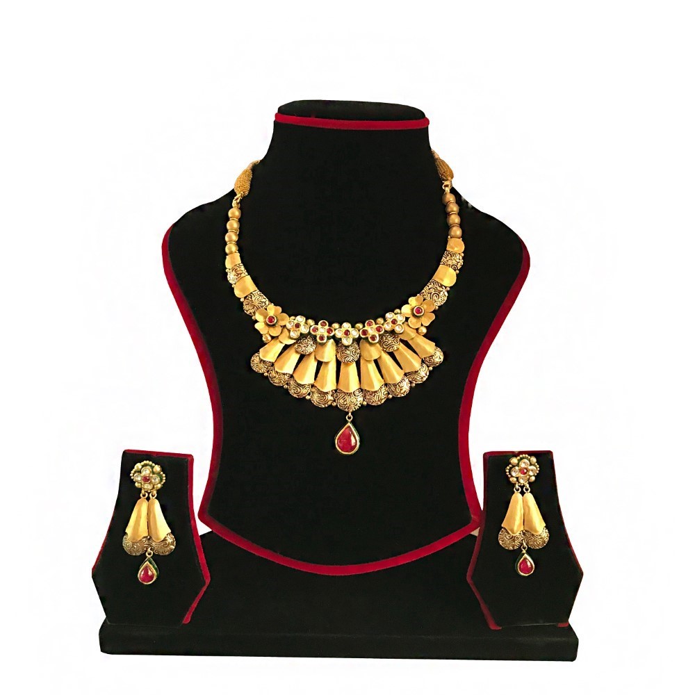 18Kt Solid Yellow Gold Antique Necklace Earrings Women Jewelry Set 46.700 Grams