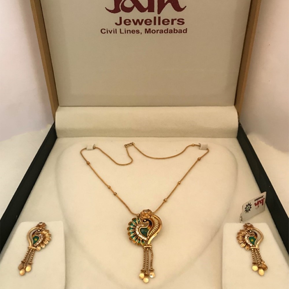 18 Kt Solid Yellow Gold Women's Necklace Jewelry Set Earrings & Chain Pendant CZ