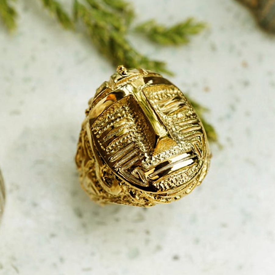 22 Kt  Solid Yellow Gold Aztec Statement Signet Men'S Ring Size 7-11