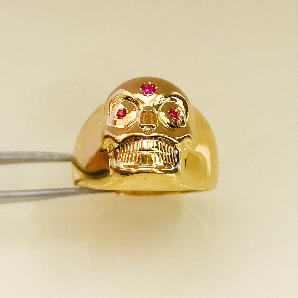 REAL GOLD 18 Kt Solid Yellow Gold Men'S Skull Ring 13 Grams 7-14