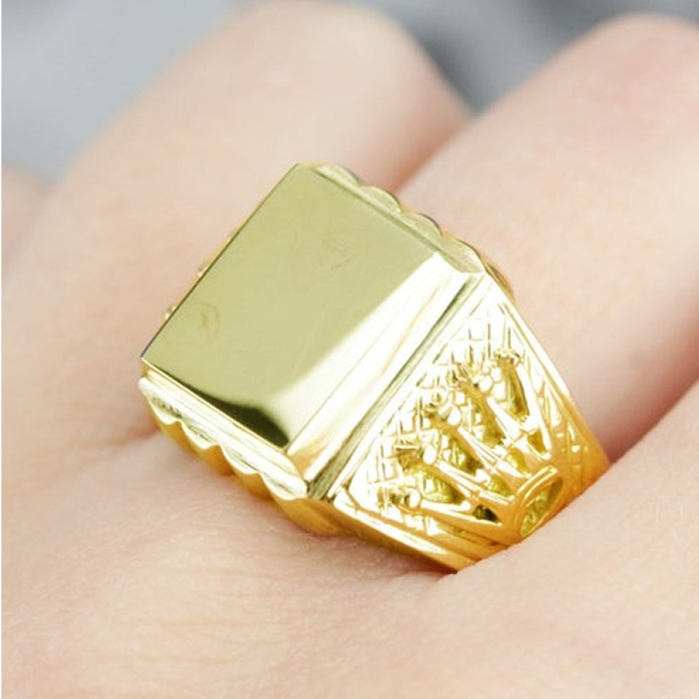 18 Kt Hallamrk  Solid Yellow Gold Crown Signet Men'S Ring Size 7-11