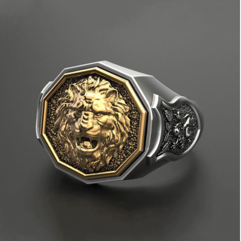 Fine Jewelry 18 Kt  White & Yellow Gold Lion Face Men'S Ring Size 9,10