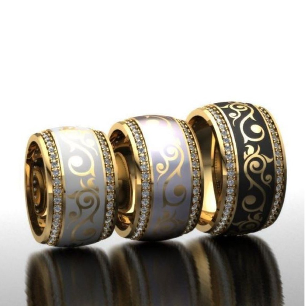 18 Kt  Yellow Gold CZ Stones His & Her Love Couple 3Pc Set Bands Rings