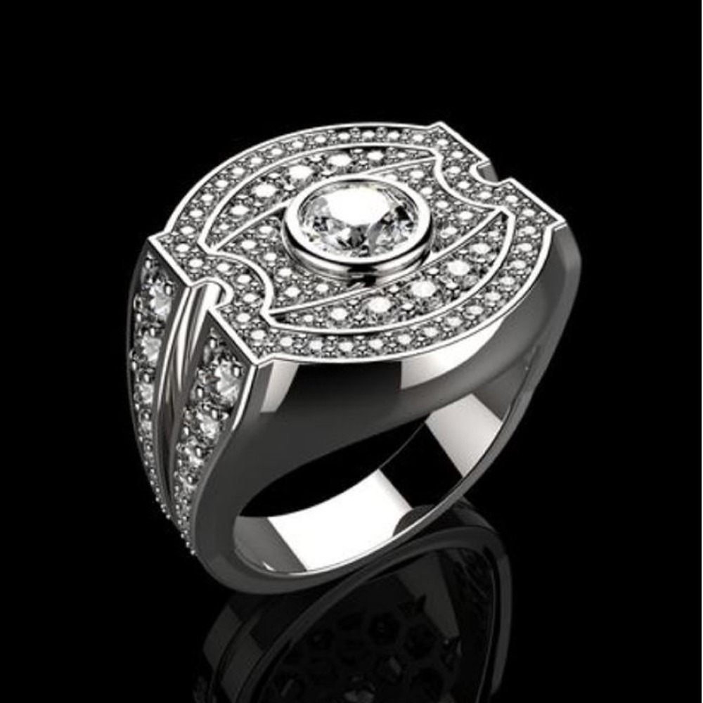 Fine Jewelry 14 Kt   White Gold Cubic Zirconia Men'S Ring Size 9-11