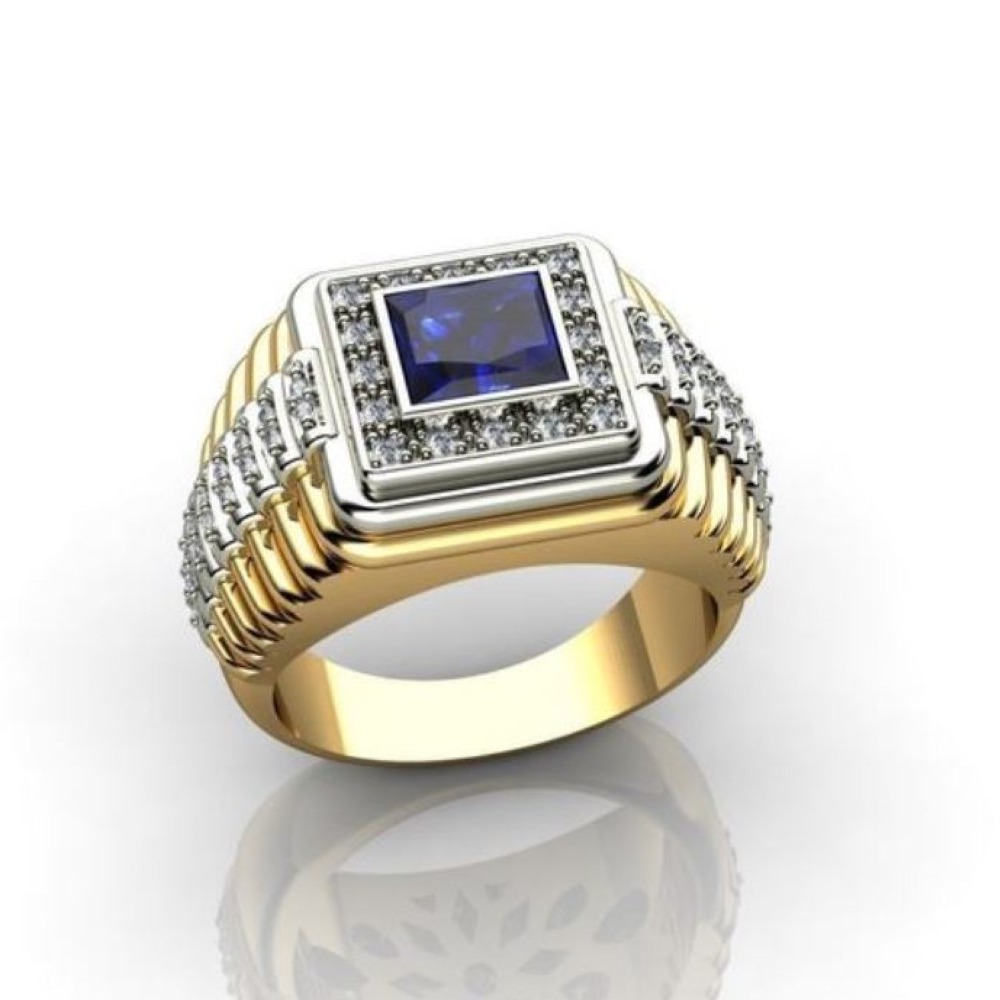 Fine Jewelry 18 Kt Yellow Gold Blue Sapphire & CZ Men'S Ring Size 9-11