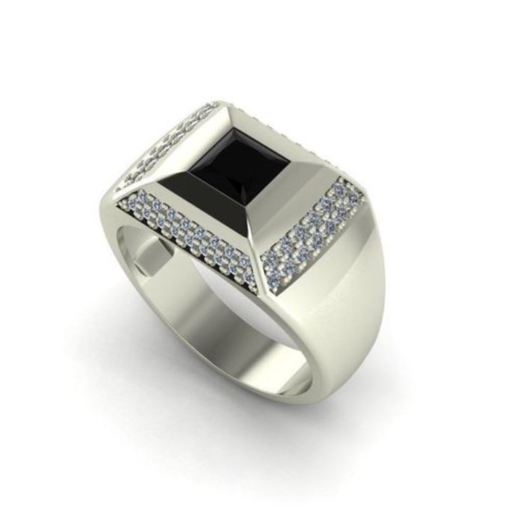 Fine Jewelry 14 Kt  White Gold Natural Onyx & CZ Men'S Ring Size 8-11