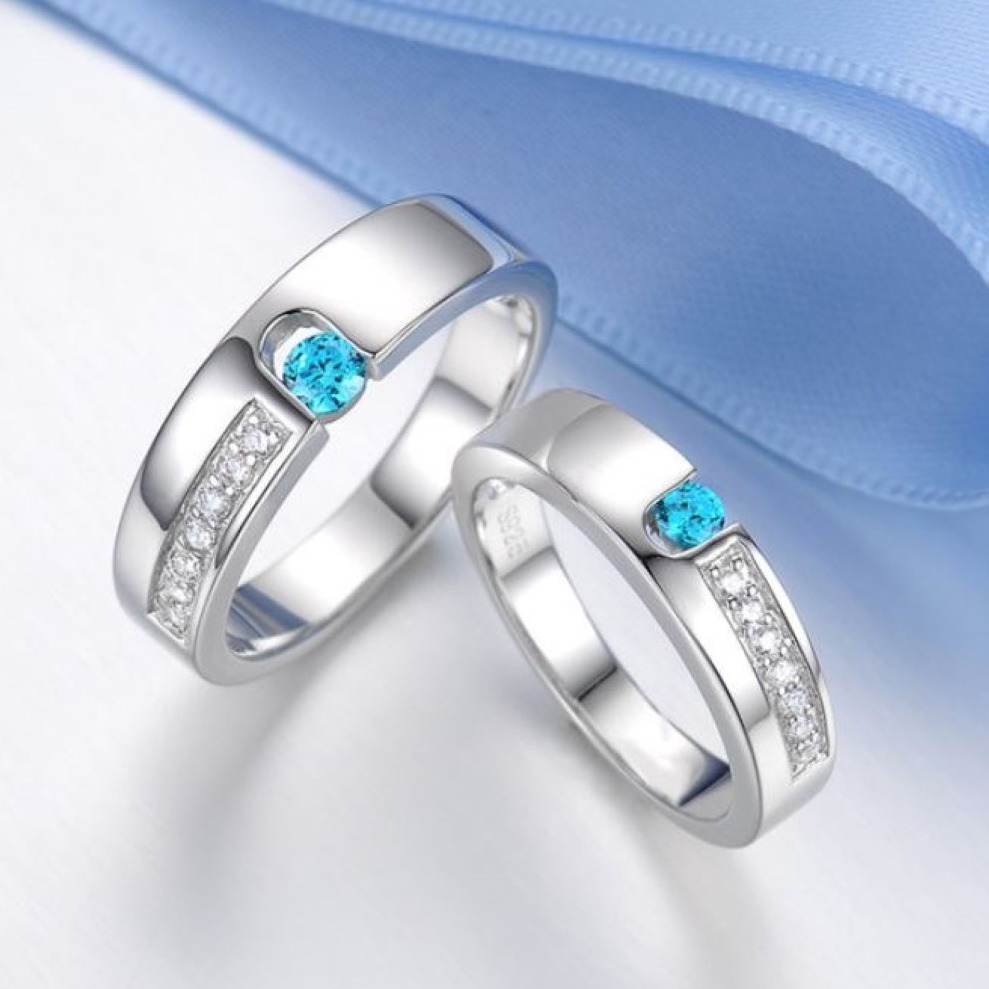 14 Kt  White Gold Aquamarine & CZ His & Her Wedding Couple Bands 2 Pcs
