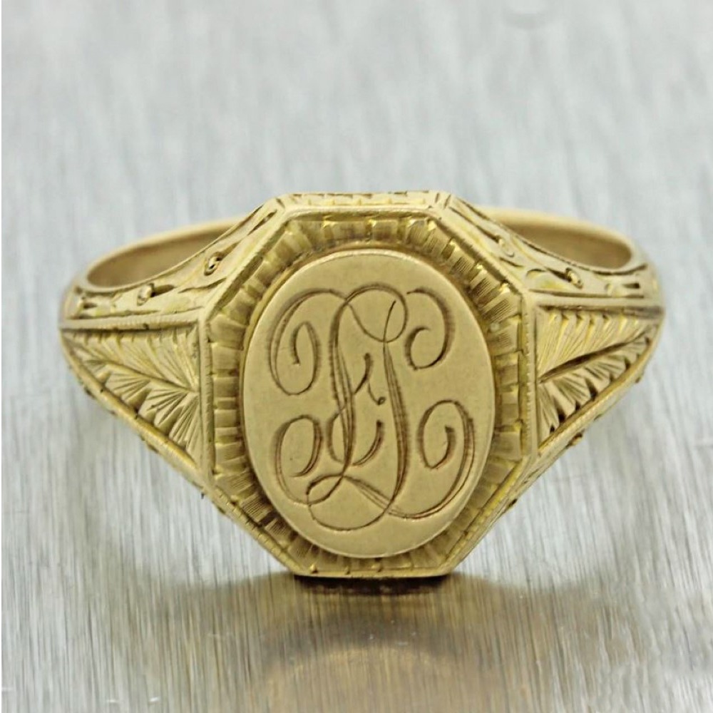 18 K Hallmark   Yellow Gold Monogrammed Engraved Men'S Ring Size 8-10